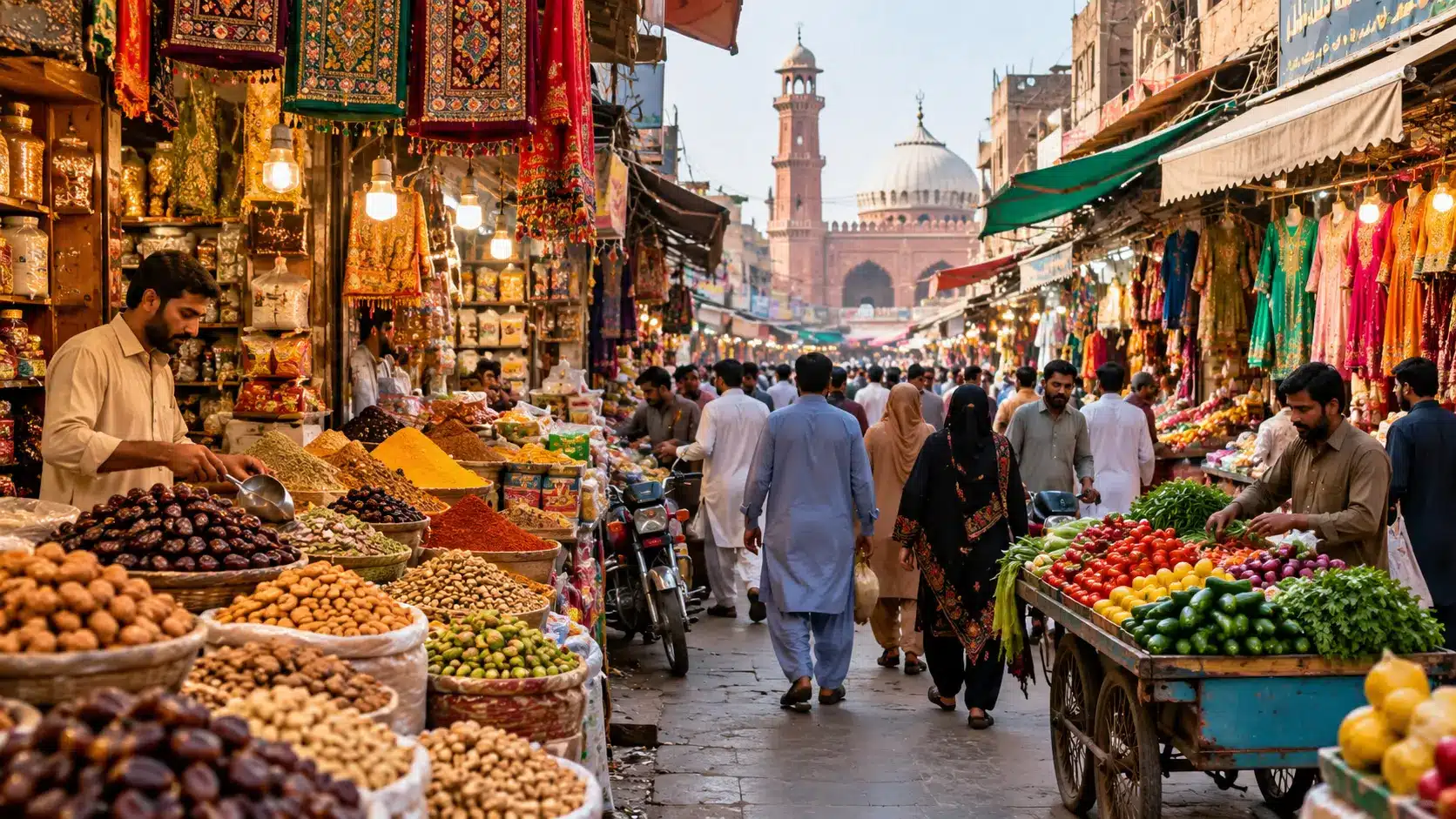 Bustling Pakistani bazaar with colorful spice stalls, fresh vegetables, traditional clothing, shoppers, motorcycles, and a mosque in the background.