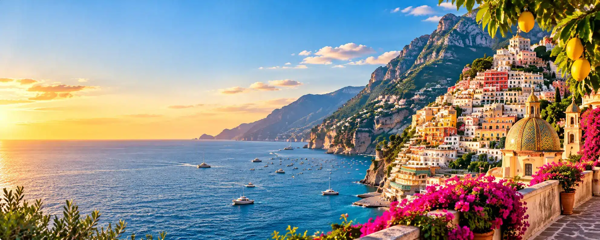 Scenic Amalfi Coast in Italy with colorful cliffside villages, turquoise Mediterranean Sea, mountains, boats, and vibrant bougainvillea at sunset.